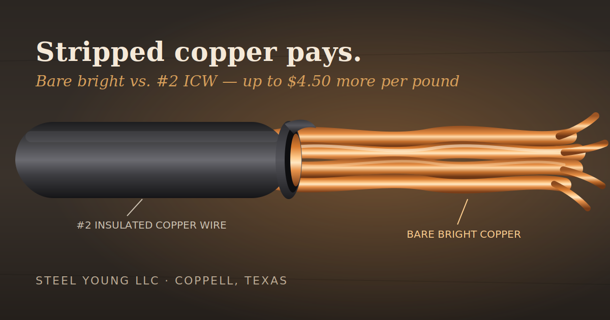 Stripped bare bright copper wire next to insulated copper wire at Steel Young LLC scrap recycling facility in Coppell, Texas